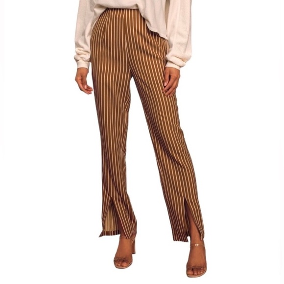 Lulus Never Too Late Striped Split Hem Pants Brown Cream  Size S Small - Picture 14 of 14